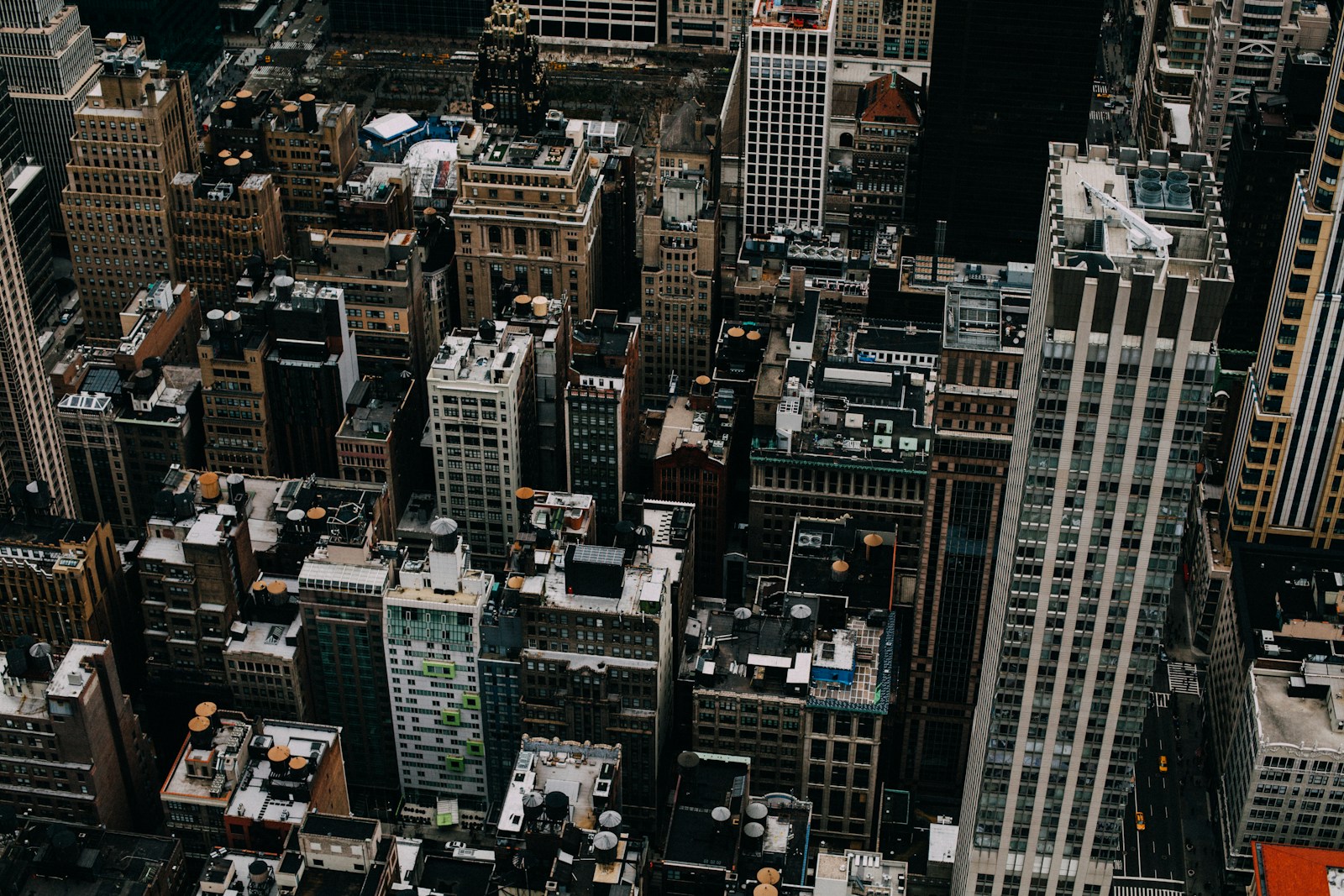 Aerial view of a dense commercial building district